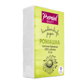 Платочки бумажные PREMIAL 10шт. 3-х слойные белые с ароматом ромашки