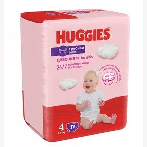 Трусики-подгузники HUGGIES 9-14 кг, размер 4 (17шт) для девочек