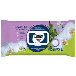 Влажные полотенца ЭМИЛИ 60шт Для всей семьи Антибактериальные, соты, XL размер, с крышкой