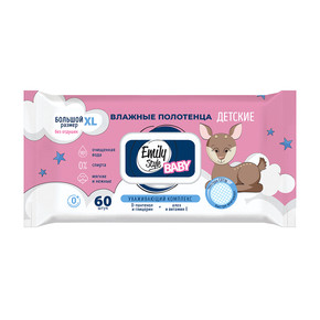 Влажные полотенца ЭМИЛИ 60шт Детские без отдушки, соты, XL размер, с крышкой