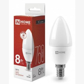 Лампа светодиодная LED-СВЕЧА-VC 8Вт 160-230В IN HOME Е14 4000К 720Лм ASD (белый свет)(1*100)