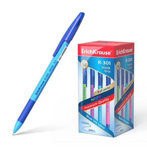 Ручка шариковая , 0,7мм, синяя, Erich Krause R-301 Neon Stick & Grip, рез. упор(1*50)