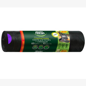 Пакеты для мусора МАСТЕР ФРЕШ СУПЕРПРОЧНЫЕ 60 литров 10 шт, 28мкм, с завязками, черные (1*25)