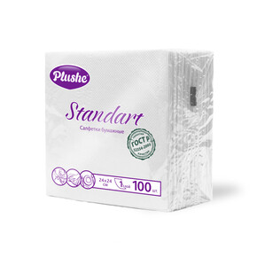 Салфетки бумажные Plushe Standart 24*24см, 100 листов 1 слой, БЕЛЫЕ (1*20) Россия