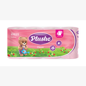 Бумага туалетная Plushe Classic 8шт.*18м., 2 слоя, аромат. Клубника, розовая (1*8) Россия