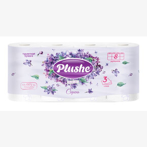 Бумага туалетная Plushe Deluxe Light, 8шт.*15м., 3 слоя, аромат. Сирень, белый/фиолет. (1*8) Россия