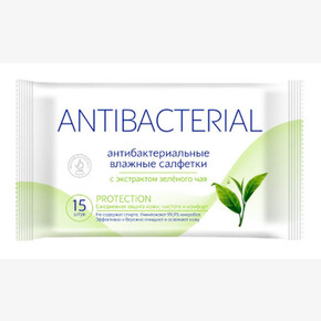 Влажные салфетки Antibacterial Protection 15шт антибактериальные с зеленым чаем (1*120)